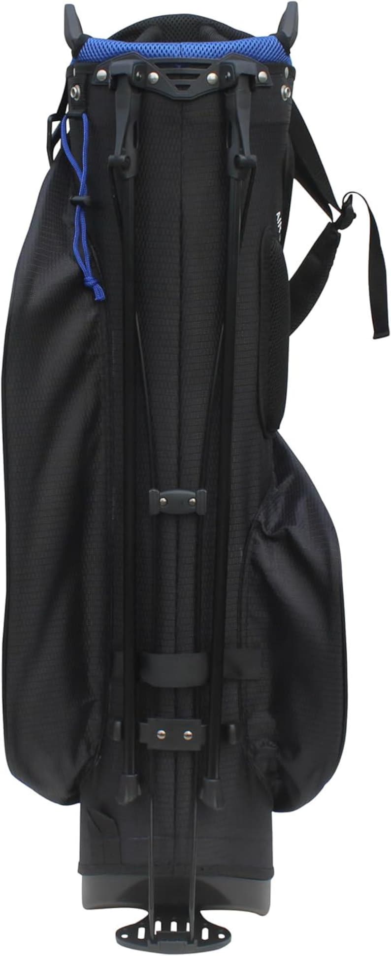 May include: Black golf bag with a blue mesh top and blue accents. The bag has a stand and multiple pockets. The bag has a textured surface and a black shoulder strap.