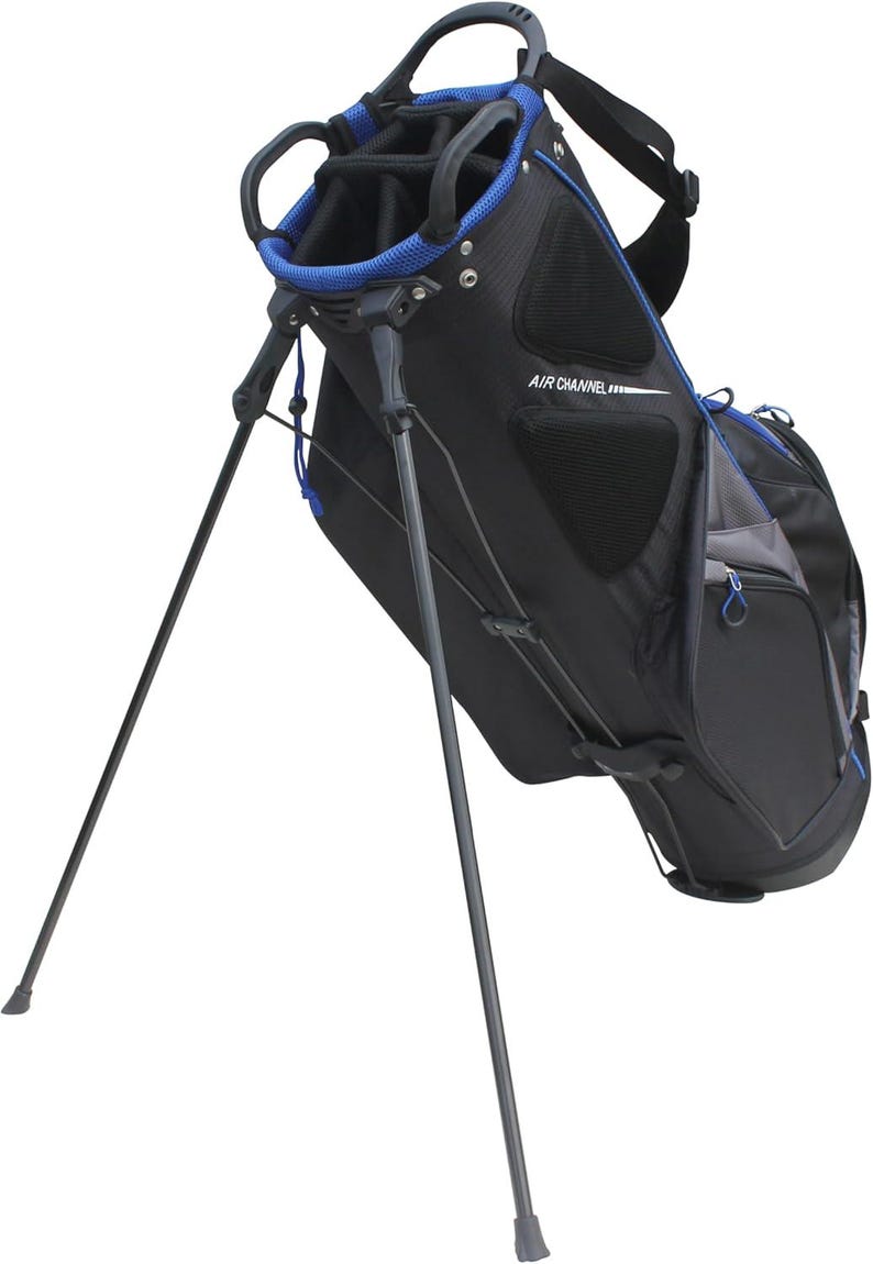 May include: Black and blue golf bag with a stand. The bag has a black body with blue accents around the top and pockets. The text "AIR CHANNEL" is printed on the side. The stand legs are extended.