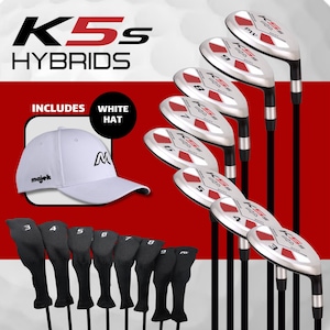 May include: A set of nine silver and red golf clubs with black shafts and black headcovers. The clubs are numbered 3 through 9 and PW. The set also includes a white baseball cap with the word "Majek" on the front.