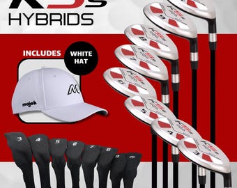 Right-Handed Majek Golf K5s All True Hybrid Graphite Clubs Complete Full Hybrid Set (3,4,5,6,7,8,9,PW)+ Headcover Set & Majek White Golf Hat