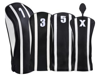 Majek Premium Vintage Synthetic Leather Black with White Stripes Head Covers