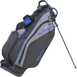 May include: Black, gray, and blue golf bag with the text "RIFE" in blue. The bag has a stand, multiple zippered compartments, and a padded shoulder strap. The bag is designed to hold golf clubs and accessories.