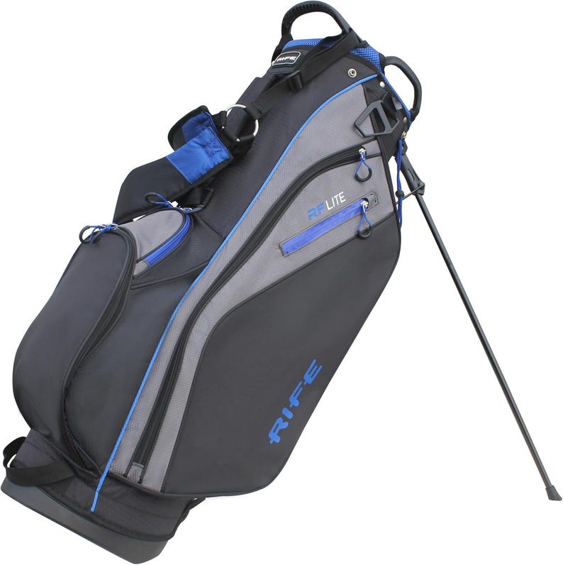 May include: Black, gray, and blue golf bag with the text "RIFE" in blue. The bag has a stand, multiple zippered compartments, and a padded shoulder strap. The bag is designed to hold golf clubs and accessories.