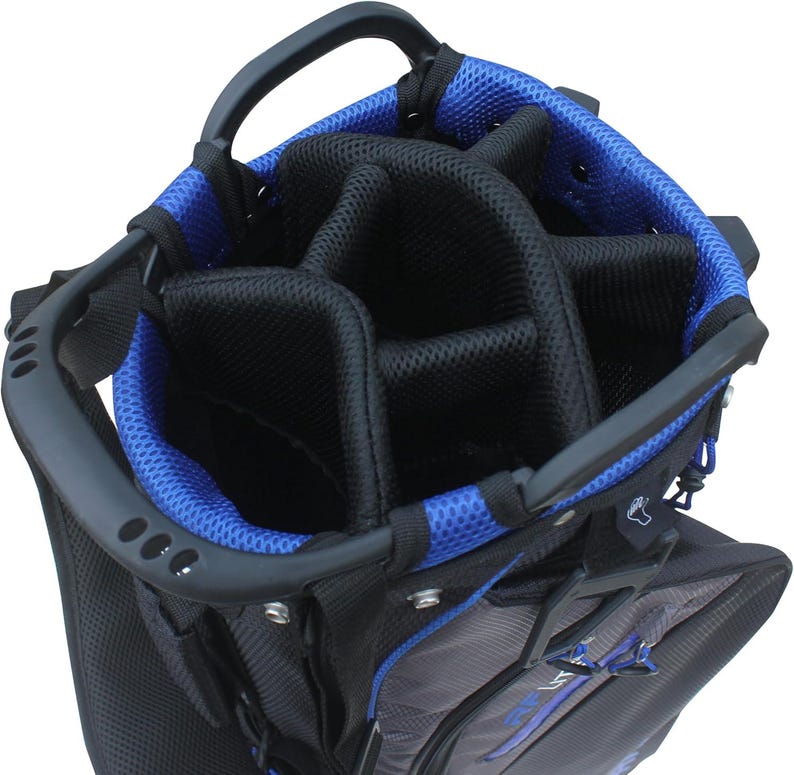 May include: Black and gray golf bag with blue accents. The bag has multiple compartments for clubs and accessories. Features a sturdy handle and a blue mesh lining around the top opening. The bag is designed for easy carrying and organization on the golf course.