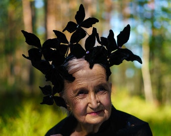 Hand Crafted velvet Swarovski crystal butterfly Headdress Costume headpiece Black wedding Gothic Bride headband