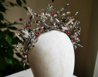 Gray and red Quartz Crystal Tiara Bridal crown diadème quartz Quartz headband Crystal crown