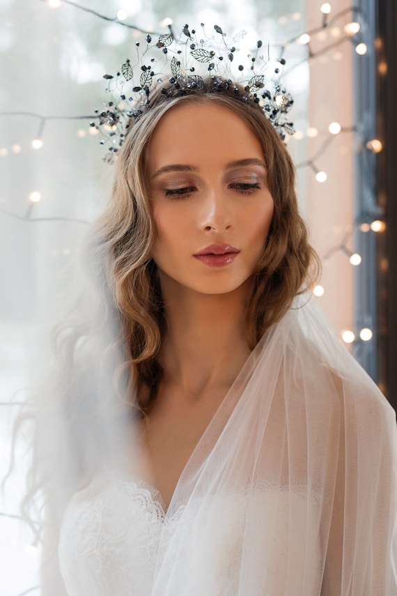 Black Swarovski Crystal Crown Woodland Bridal Headpiece Wedding Hair Accessory Black Wedding Headpiece
