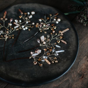 Mountain crystal, Swarovski, raw quartz and freshwater pearl wedding hair pins Bridal headpiece Crystal hair comb, wedding hair wreath image 2