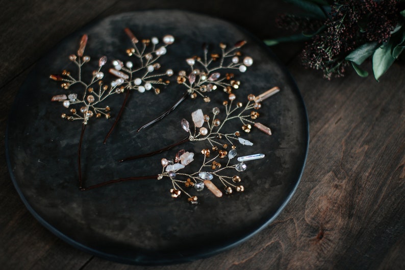 Mountain crystal, Swarovski, raw quartz and freshwater pearl wedding hair pins Bridal headpiece Crystal hair comb, wedding hair wreath image 2