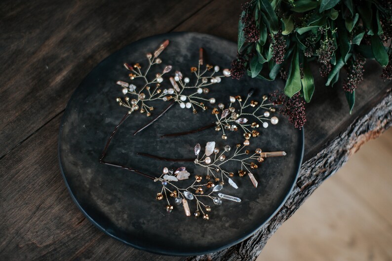 Mountain crystal, Swarovski, raw quartz and freshwater pearl wedding hair pins Bridal headpiece Crystal hair comb, wedding hair wreath image 4