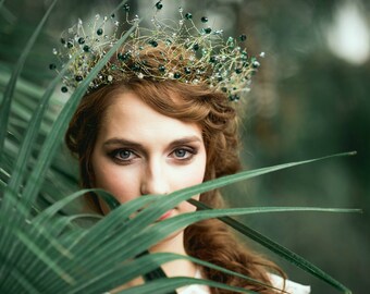 Fairy Tale wedding Deep green Crown Swarovski Necklace Tiara Wedding Bridal Crown Flower girl Headpiece Bridesmaid Gift Mermaid crown