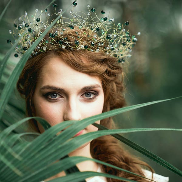 Mariage de conte de fées vert profond couronne Swarovski collier diadème mariage couronne de mariée fille de fleur casque demoiselle d'honneur cadeau couronne de sirène