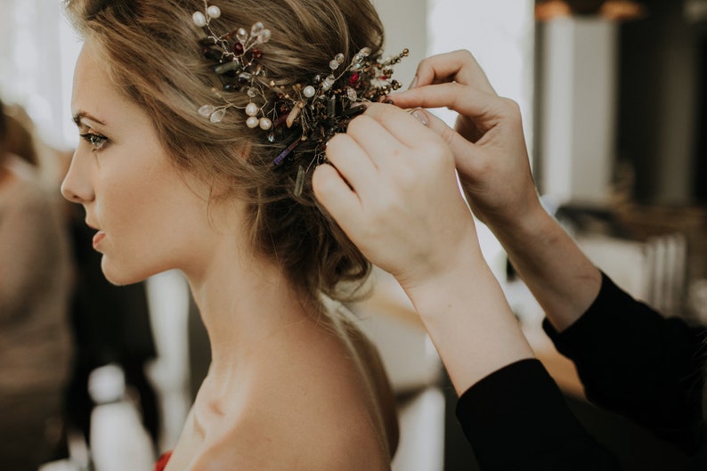 Mountain crystal, Swarovski, raw quartz and freshwater pearl wedding hair pins Bridal headpiece Crystal hair comb, wedding hair wreath image 7