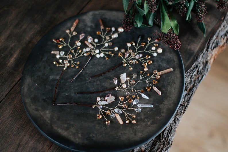 Mountain crystal, Swarovski, raw quartz and freshwater pearl wedding hair pins Bridal headpiece Crystal hair comb, wedding hair wreath image 3