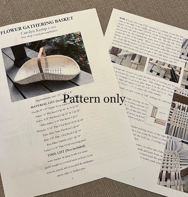 May include: A close-up of a white woven basket with a wooden handle. The basket is 20 inches wide and 8 inches tall. The text "FLOWER GATHERING BASKET" is at the top of the page. The text "Carolyn Kemp &copy; 2022" is below the basket. The text "Etsy shop: CarolynKempBaskets" is below the text "Carolyn Kemp &copy; 2022".