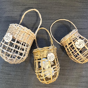 May include: Three small woven baskets with handles, each labelled "Garlic" and made of natural wicker. The baskets are hanging from a grey surface and one basket contains garlic cloves.