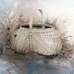 May include: A white wicker basket with a woven handle sits on a light brown background with a watercolor wash. The basket is empty and appears to be handmade.