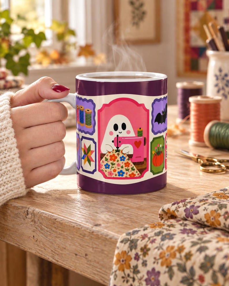 May include: A purple ceramic mug featuring a central illustration of a white ghost using a pink sewing machine to stitch a floral fabric. The design includes smaller rectangular frames displaying spools of thread, a quilt block, a bat, and a pumpkin.