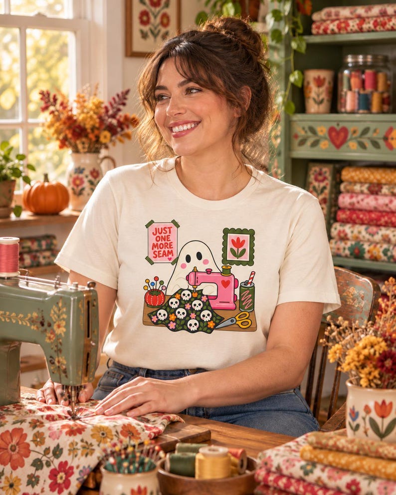 Woman smiling at a sewing table in a bright sewing room, wearing a natural-colored t-shirt with the "Just One More Seam" folk-art ghost sewing at a pink sewing machine.