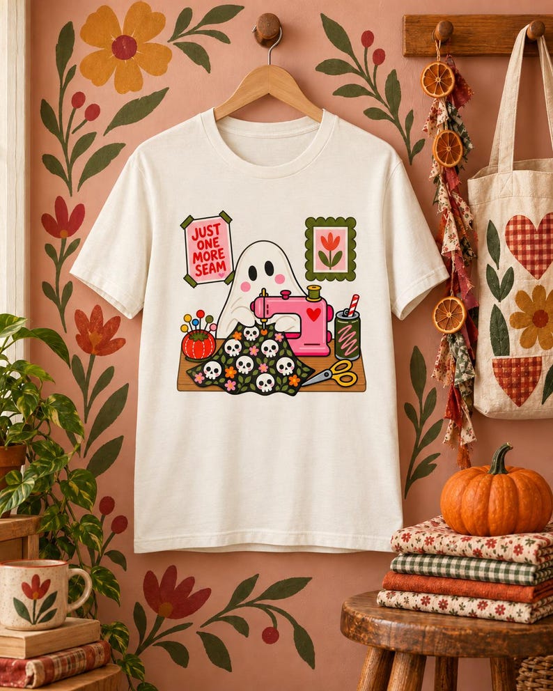 Natural-colored t-shirt with the "Just One More Seam" folk-art ghost sewing print hanging on a styled wall with a fall floral tote and pumpkins.