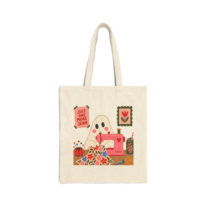 Just One More Seam Ghost Sewing Tote Bag, 100% Cotton Canvas Quilter Gift image 2