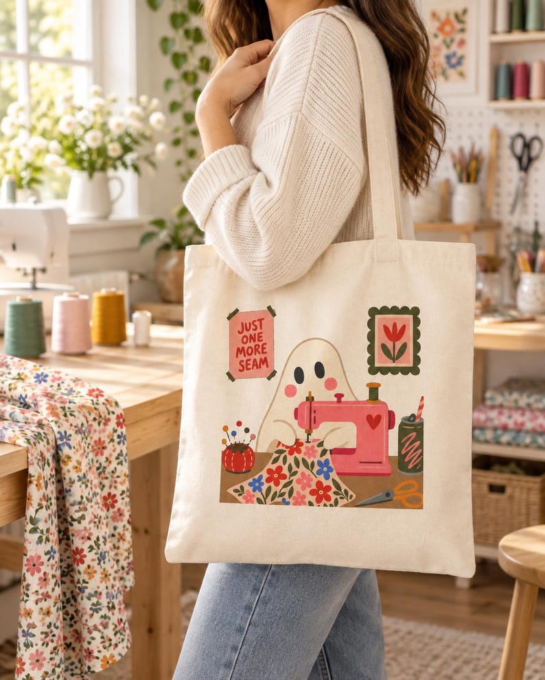 May include: A cream-colored canvas tote bag featuring a graphic illustration of a ghost using a pink sewing machine. The design includes a red pincushion, floral fabric, scissors, a drink can, and a sign that reads Just One More Seam.