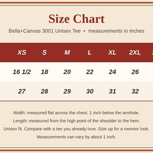K&ouml;nnte beinhalten: Eine Gr&ouml;&szlig;entabelle f&uuml;r ein Bella+Canvas 3001 Unisex-T-Shirt mit dunkelroter Kopfzeile und cremefarbenem Hintergrund. Sie listet Breiten und L&auml;ngen in Zoll f&uuml;r die Gr&ouml;&szlig;en XS bis 4XL auf, mit Definitionen der Ma&szlig;e unter der Tabelle.