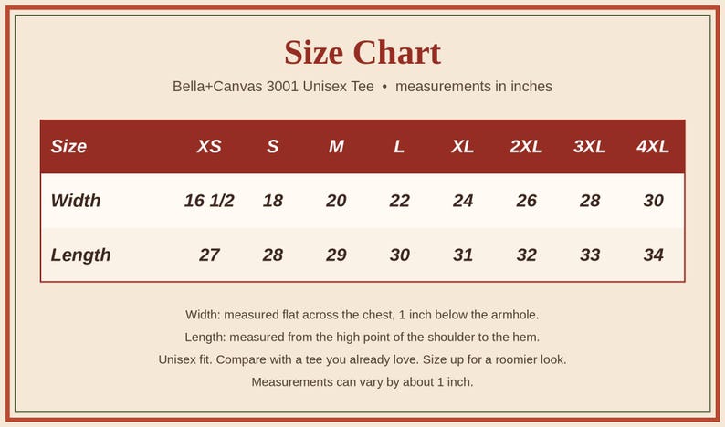 K&ouml;nnte beinhalten: Eine Gr&ouml;&szlig;entabelle f&uuml;r ein Bella+Canvas 3001 Unisex-T-Shirt mit dunkelroter Kopfzeile und cremefarbenem Hintergrund. Sie listet Breiten und L&auml;ngen in Zoll f&uuml;r die Gr&ouml;&szlig;en XS bis 4XL auf, mit Definitionen der Ma&szlig;e unter der Tabelle.