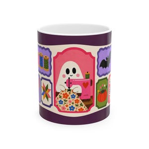 Halloween Sewing Mug, 11 oz Ghost Mug, Folk Art Quilter Gift for Crafty Mom image 2