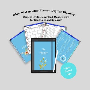 Undated Portrait Digital Planner Blue Watercolor Flower Hyper-Linked Tabs for Goodnotes, Noteshelf, Notability