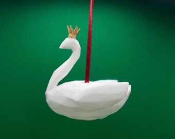 Geometric Swan Bauble 3D Printed, Low Poly Christmas Tree Ornament, Hand Painted Crown, Royal Gift King Queen Bird Xmas