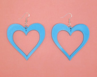 Blue Heart Earrings, Eco-friendly Oversized 3D Printed Plant Earrings, Sterling Silver Hook Earrings, Valentines Day Earrings Love Blue