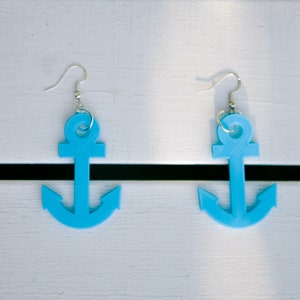 Blue Anchor Earrings, 3D Printed Sterling Silver Hook Earrings, Renewable Plant PLA Jewelry, Kitsch Earrings, Nautical Sea Dangle Jewellery