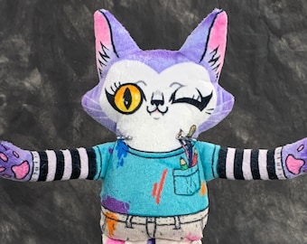 Cat Doll, Bertie is an Artist, Super soft doll with bright colours, purple cat with plush sketchbook and cellphone toy, handmade, cat gift