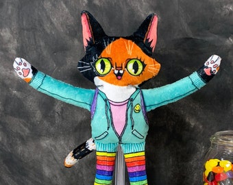 Cat doll, Matilda Goes to School, Bright rainbow colours, Playful calico cat doll ready for class, gift for artist, Handmade by the artist