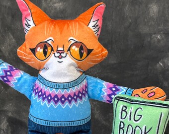 Cat doll Jesse Reads a Big Book, Cozy Orange Tabby cat, bookworm cat, Super soft fabric, Handmade by the artist, book lover gift, reading