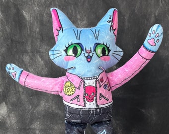 Cat Doll - Ronnie with her pink Jacket, Punk patches pins, Super soft doll with bright colours, Handmade by the artist in studio, cat lover