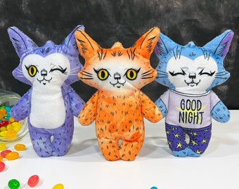 Three Cat Dolls - Set of three plush cats, Handmade by the artist in studio, purple, winking orange, bedtime cat - cat gift, family dolls