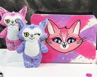 Zipper pouch and cat dolls GIFT SET, Pencil case and two plush dolls, perfect gift for cat lover, pink and purple cats and zipper bag, kitty