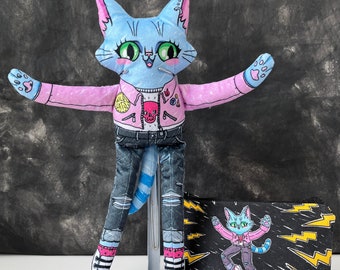 Cat Doll and Pencil Case - Super soft doll Ronnie with a matching pencil denim pencil case, WILD CAT, Handmade by the artist in studio