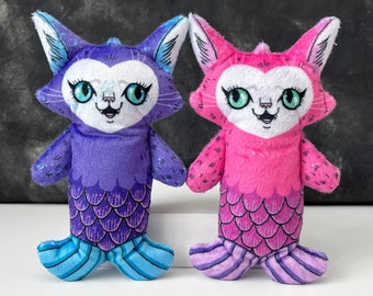 Mermaid Cat Dolls Set, Pair of plush toys, Handmade cute cats, Purple mermaid cat and Pink mermaid cat, Cute small dolls for play or display