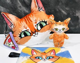 Orange Cat Gift Set - Throw pillow, pencil case and plush doll collection, gift for cat lover, orange tabby cat, ginger cat toy, handmade