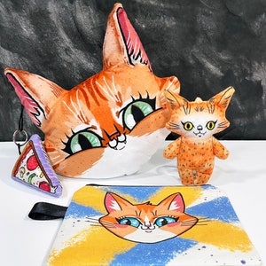 Orange Cat Gift Set Throw pillow, pencil case and plush doll collection, gift for cat lover, orange tabby cat, ginger cat toy, handmade image 1