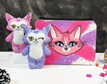 Zipper pouch and cat dolls GIFT SET, Pencil case and two plush dolls, perfect gift for cat lover, pink and purple cats and zipper bag, kitty