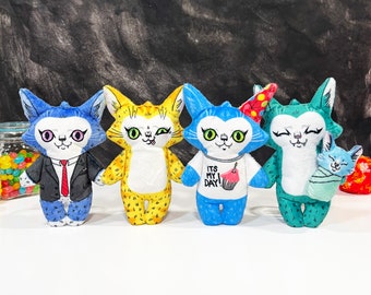 Four Cat dolls, Set of four plush cat plushies, You receive: parent with baby, office worker, yellow cat, birthday - Handmade by the artist