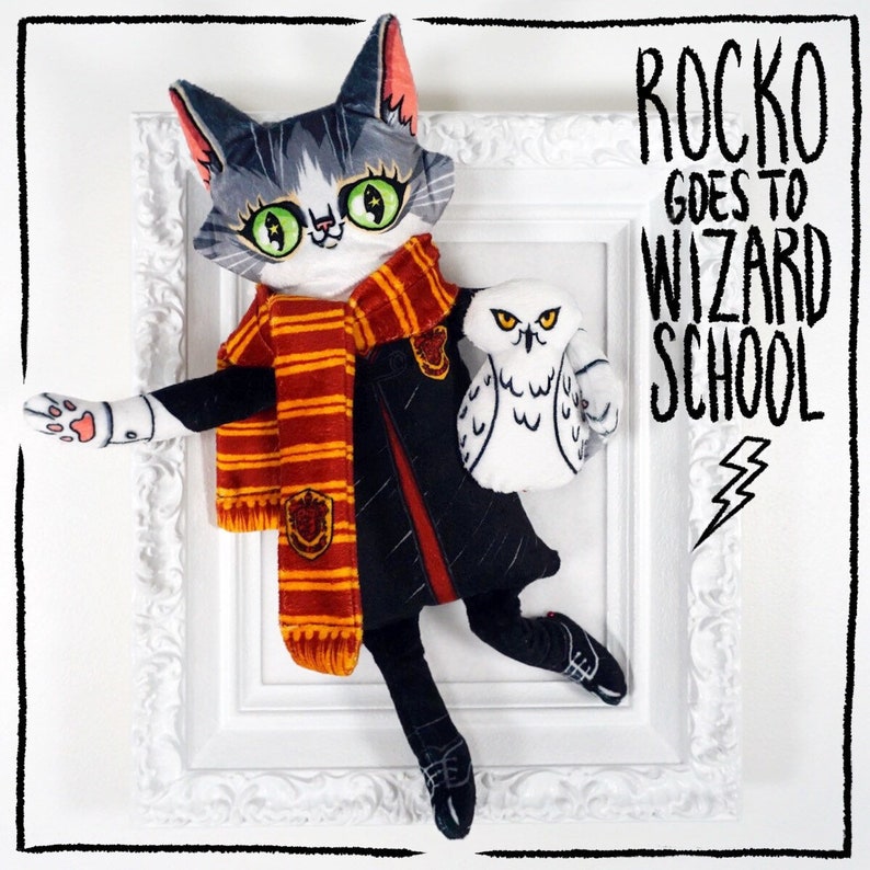 Rocko the Cat goes to Wizard School Soft minky cat plush doll with vibrant colours