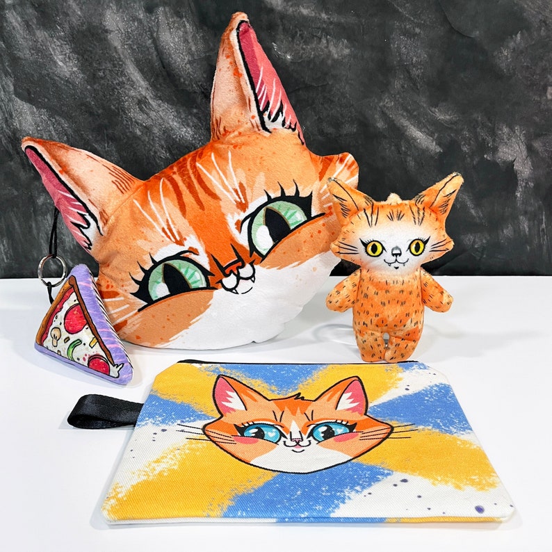 Orange Cat Gift Set Throw pillow, pencil case and plush doll collection, gift for cat lover, orange tabby cat, ginger cat toy, handmade image 1