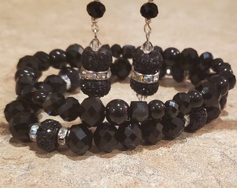 Various Black Glass Beads With Black Sparkly Bead And Rhinestones With Clear Swarovski Crystals Earrings And Bracelet Set.