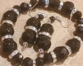 Black Glass Beads With Rhinestones And Swarovski Crystals Bracelet And Earrings With Rhinestones, Black Glass Beads And Swarovski Crystals