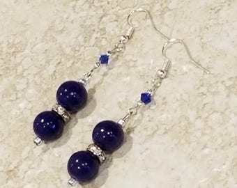 Navy Blue Glass Bead Balls With Rhinestones And Blue Swarovski Crystals And Silver Accents Dangle Earrings